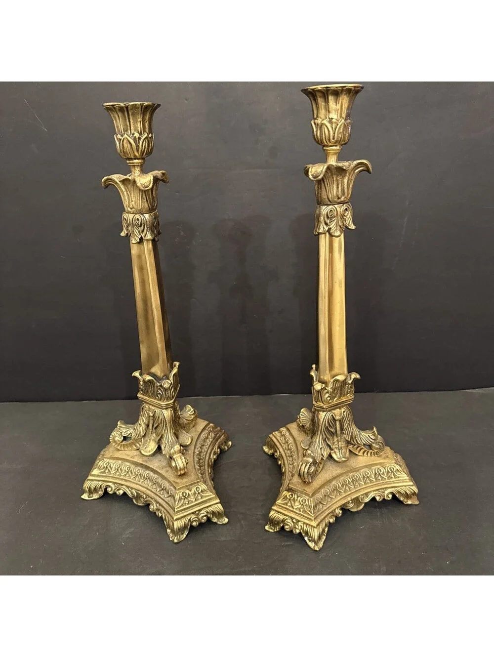 Antique Bronze Ornate Elegant Pair Of Gilt Bronze Candlesticks Stunning 13 3/8”H